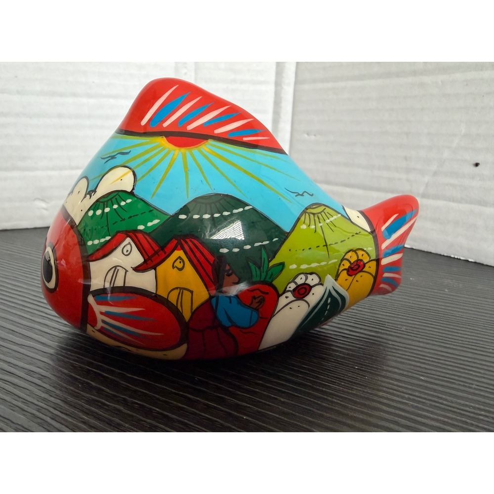 Mexican Folk Art Pottery Fish Figurine Hand Painted Village Scene Tonala Style - Picture 3 of 6